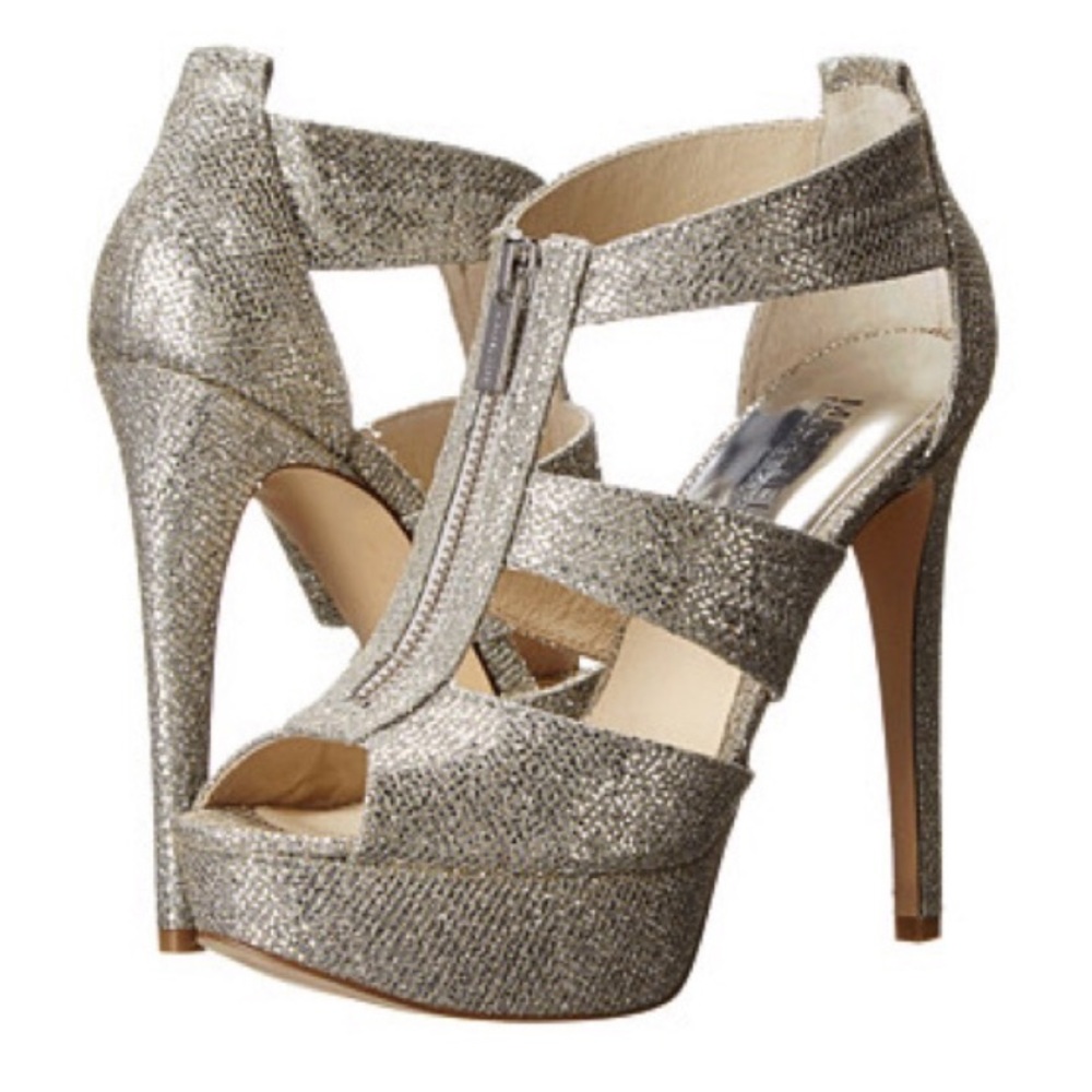 Michael Kors silver glitter zipper heels